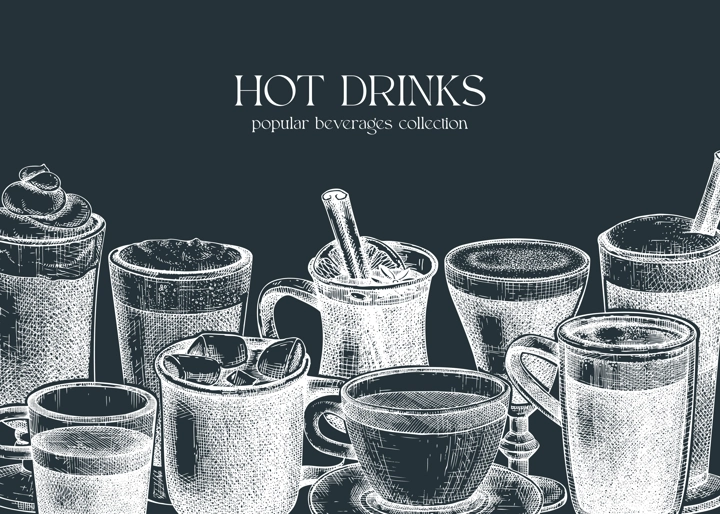 Bar menu design template. Vector banner with hot drinks illustrations. Hand-sketched tea, mulled wine, coffee, hot chocolate drawings. Popular beverages in mugs, cups, glasses on chalkboard.